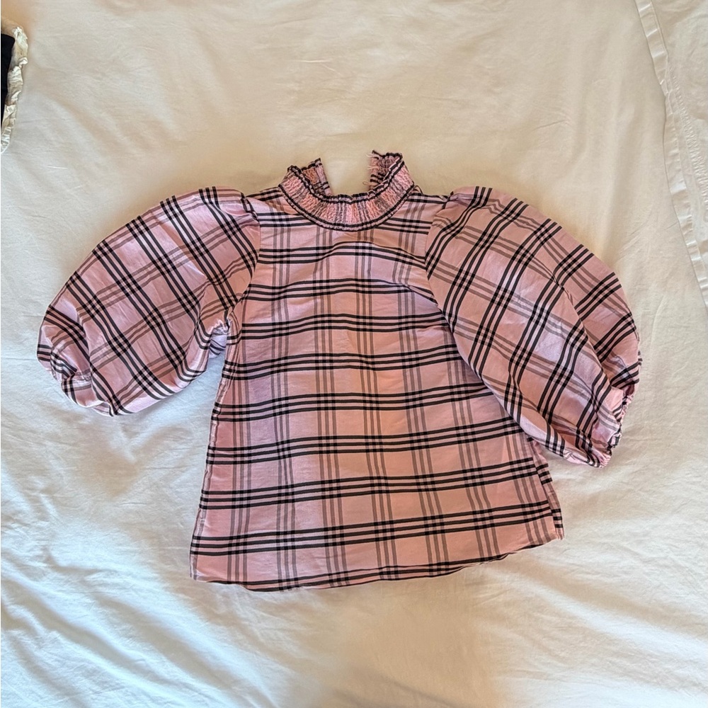 Pink Plaid Puff-Sleeve Blouse